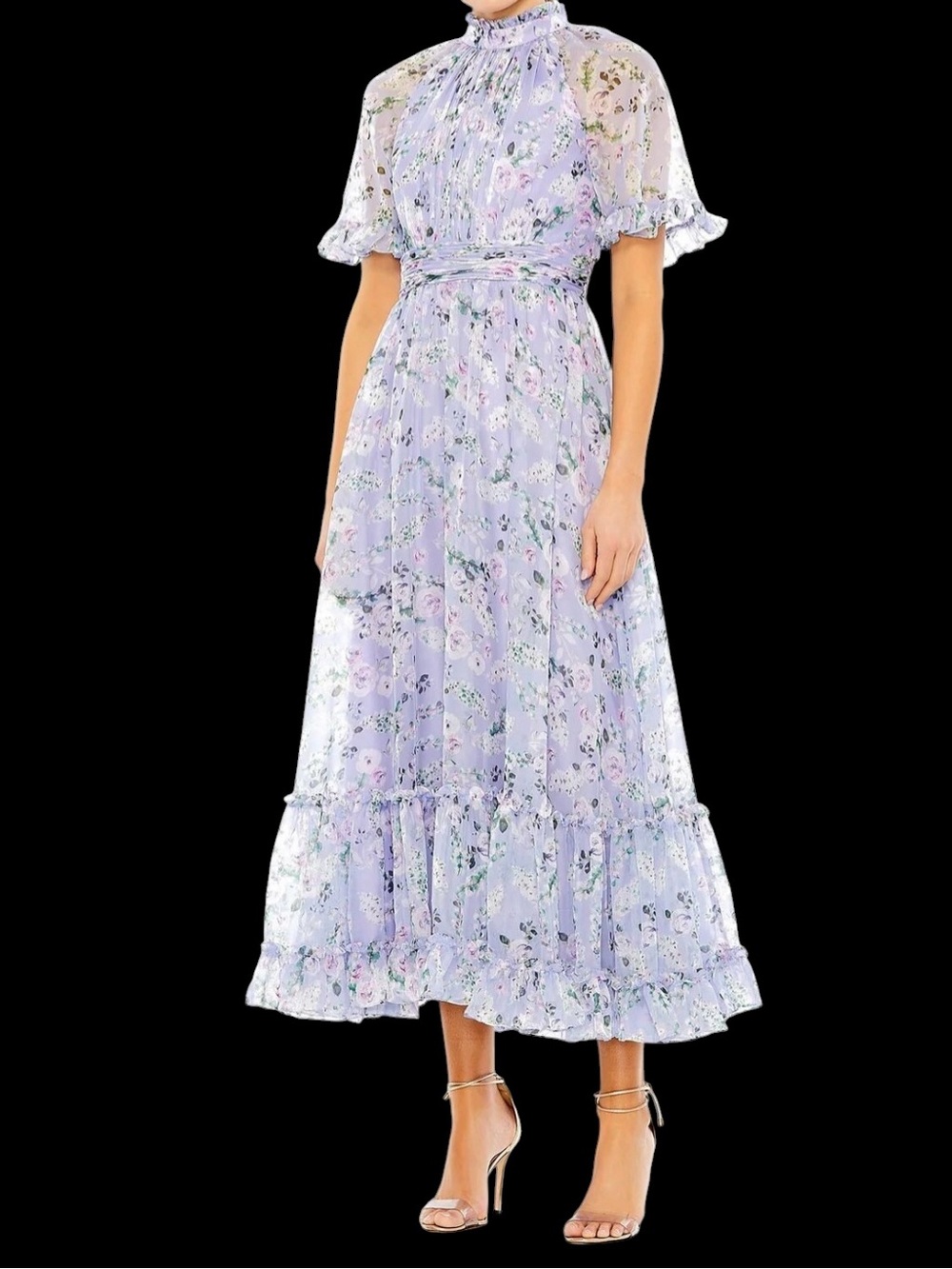 Mac Duggal 68259 Chiffon Short Sleeve High Neck Dress Lavender Lilac NWT